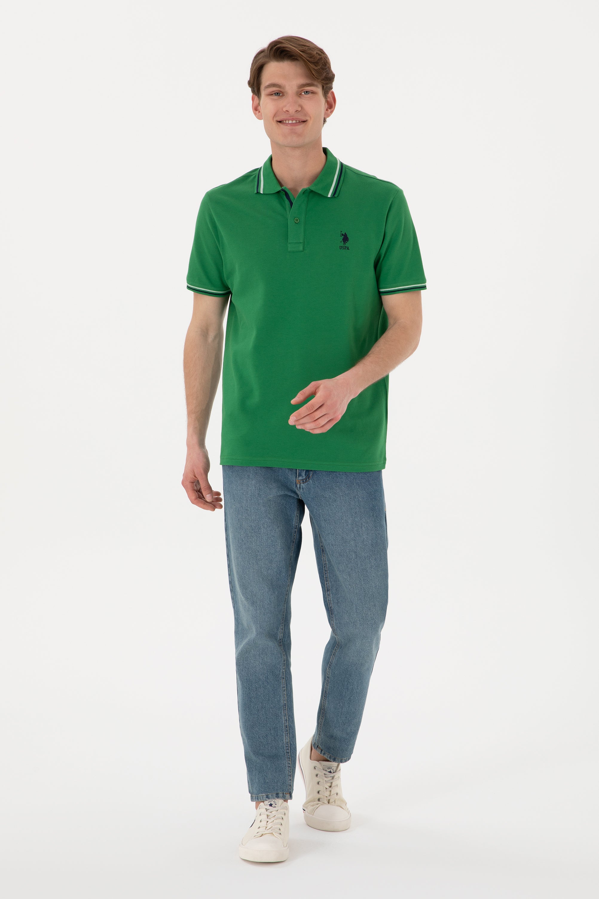 Tricou Polo Bărbați Verde Cu Detalii Guler Și Logo Brodat