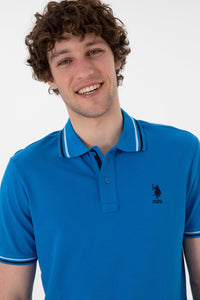 Tricou Polo Bărbați Albastru Cu Detalii Guler Și Logo Brodat