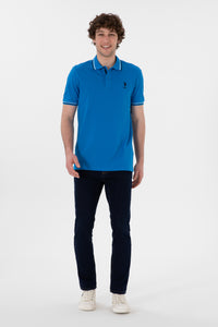 Tricou Polo Bărbați Albastru Cu Detalii Guler Și Logo Brodat