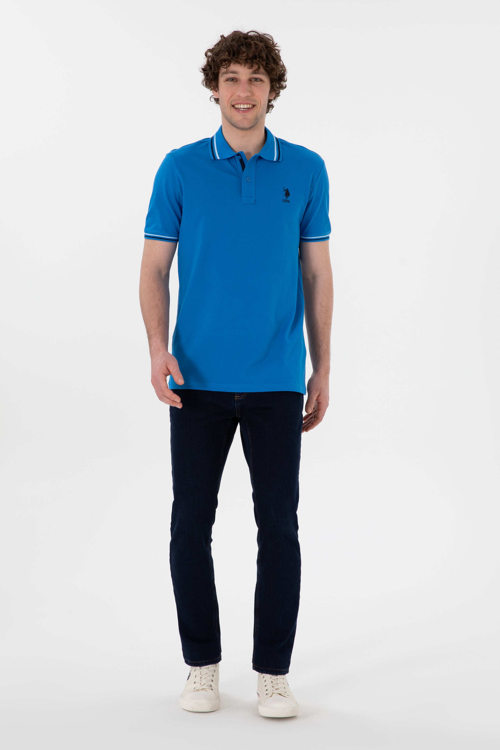 Tricou Polo Bărbați Albastru Cu Detalii Guler Și Logo Brodat