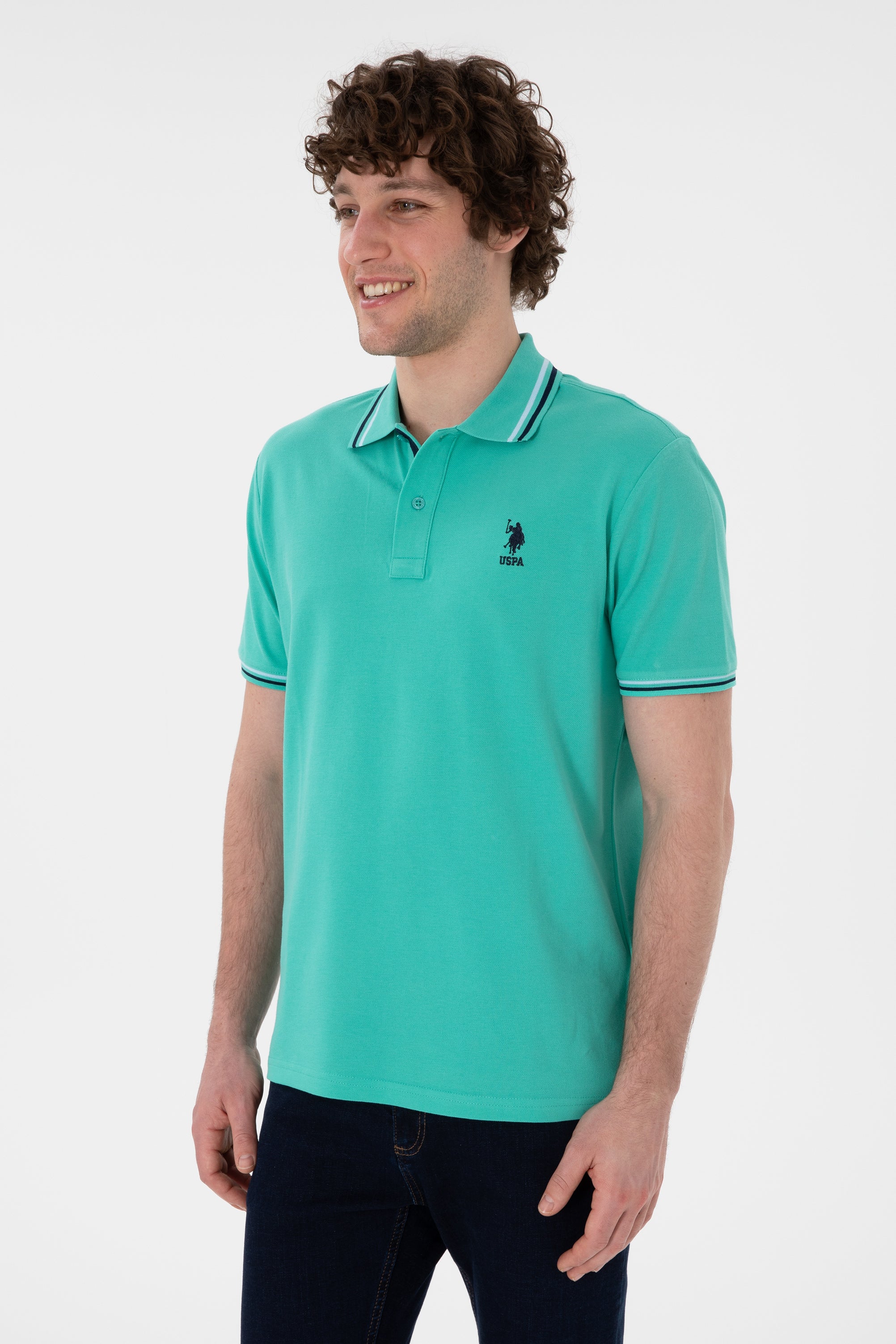 Tricou Polo Bărbați Verde Mentă Cu Detalii Guler Și Logo Brodat