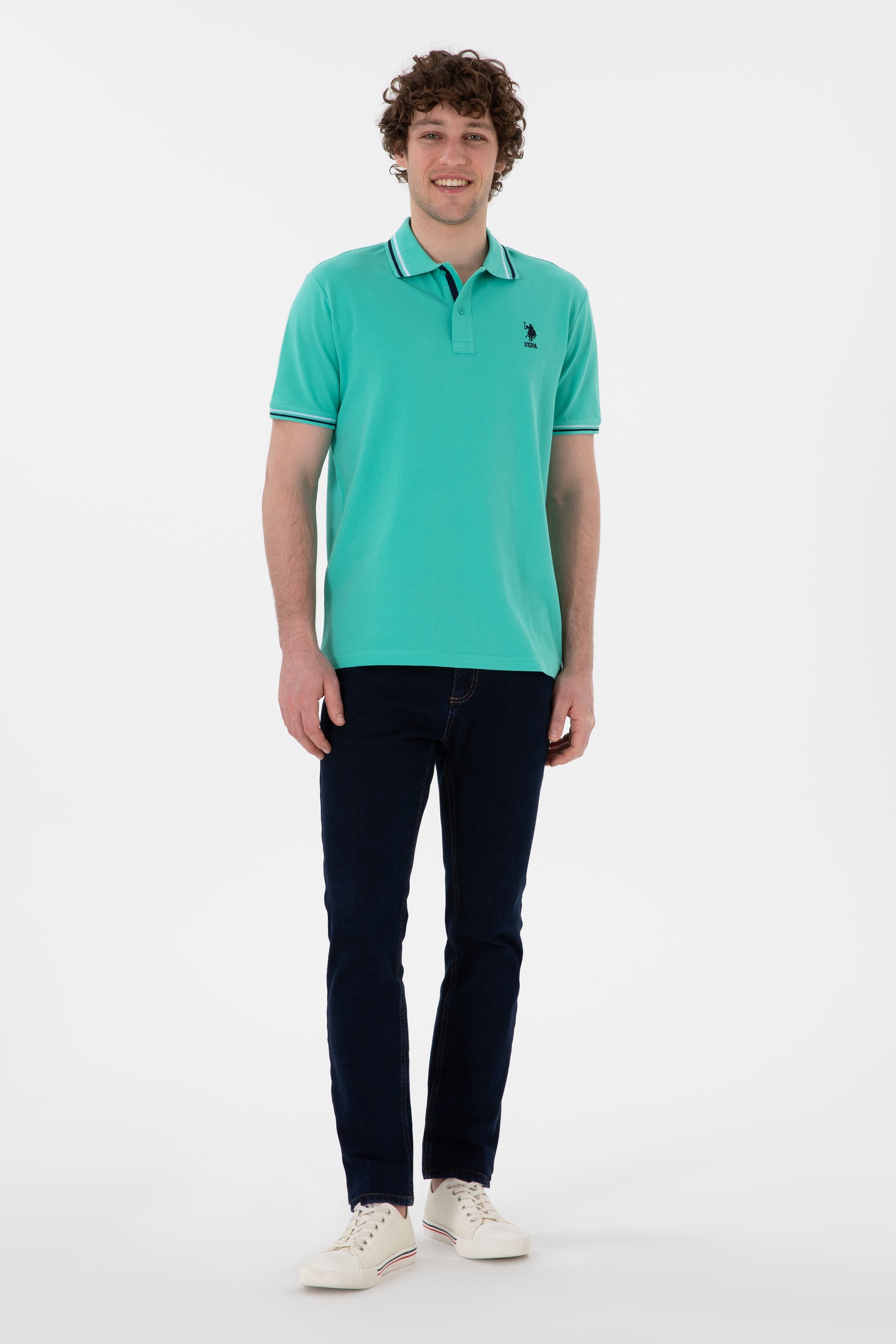 Tricou Polo Bărbați Verde Mentă Cu Detalii Guler Și Logo Brodat