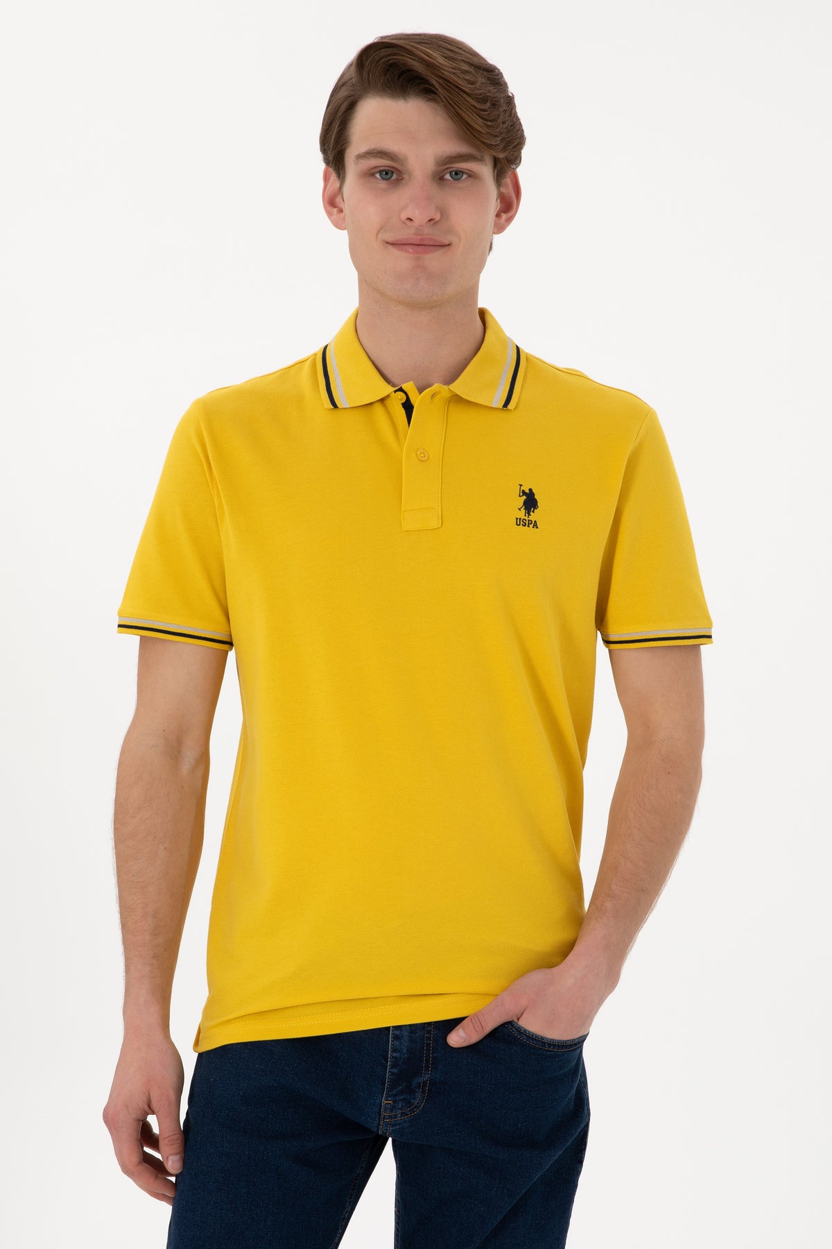 Tricou Polo Bărbați Galben Cu Detalii Guler Și Logo Brodat