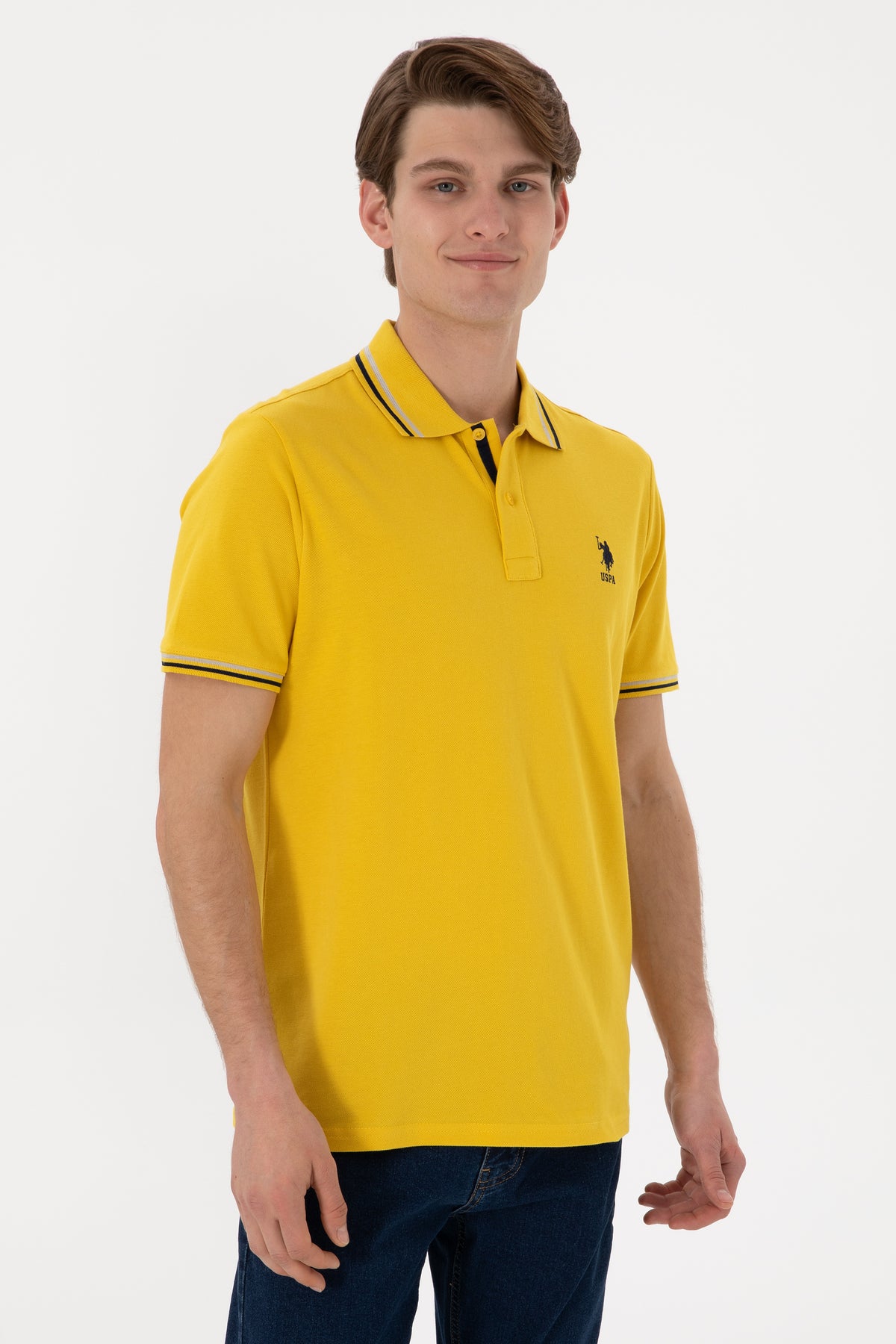 Tricou Polo Bărbați Galben Cu Detalii Guler Și Logo Brodat