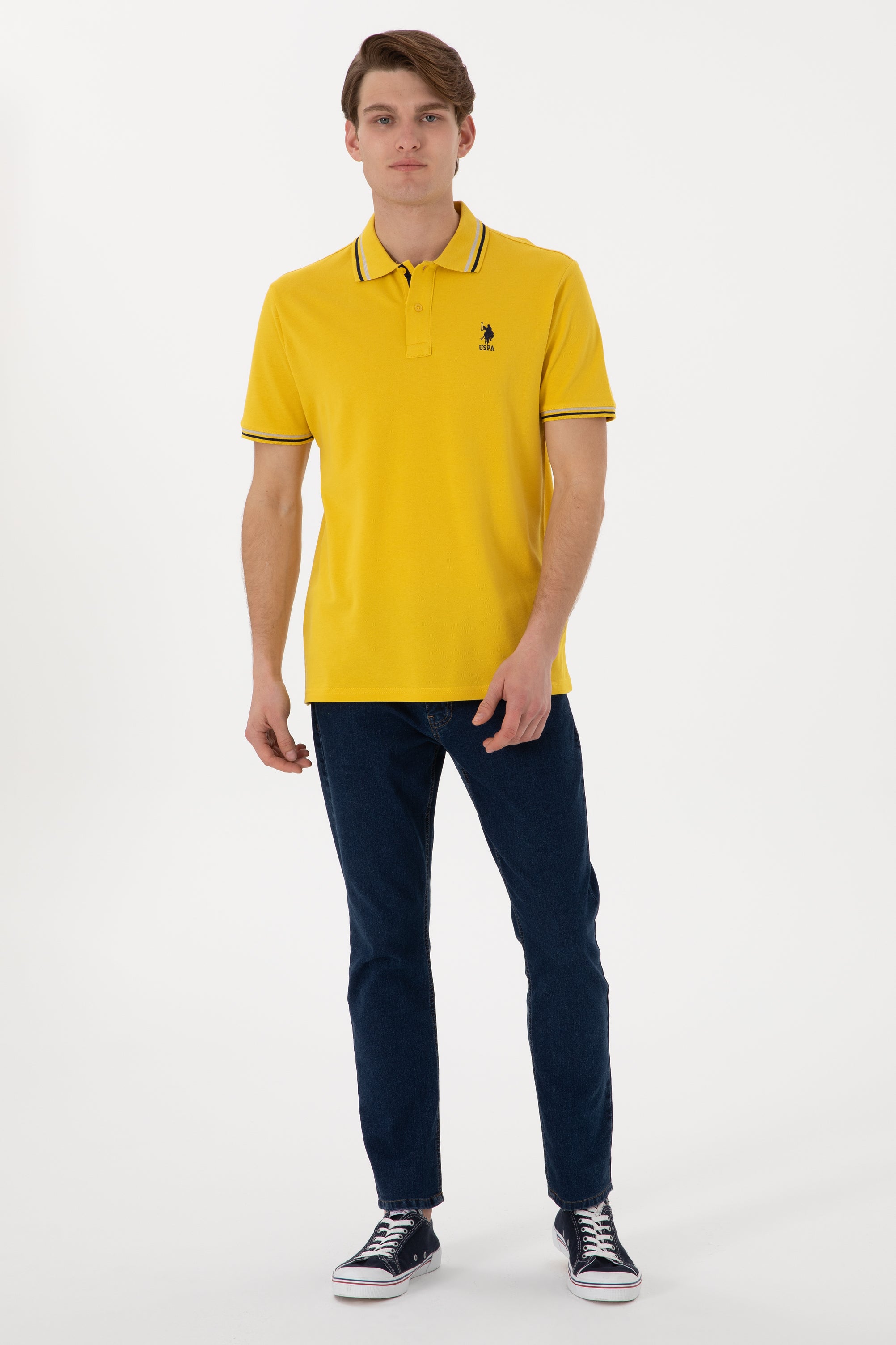 Tricou Polo Bărbați Galben Cu Detalii Guler Și Logo Brodat