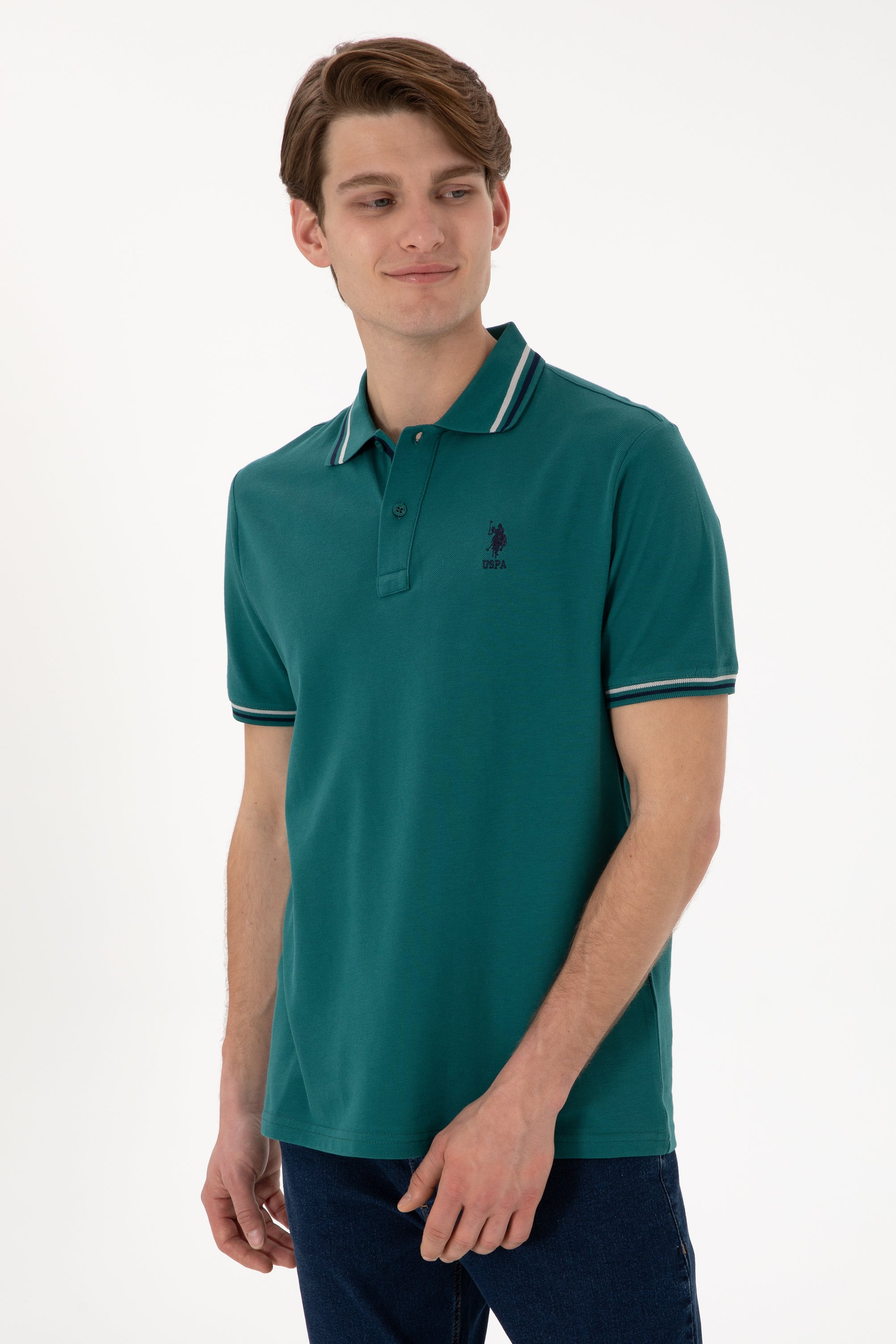 Tricou Polo Bărbați Verde Smarald Cu Detalii Guler Și Logo Brodat