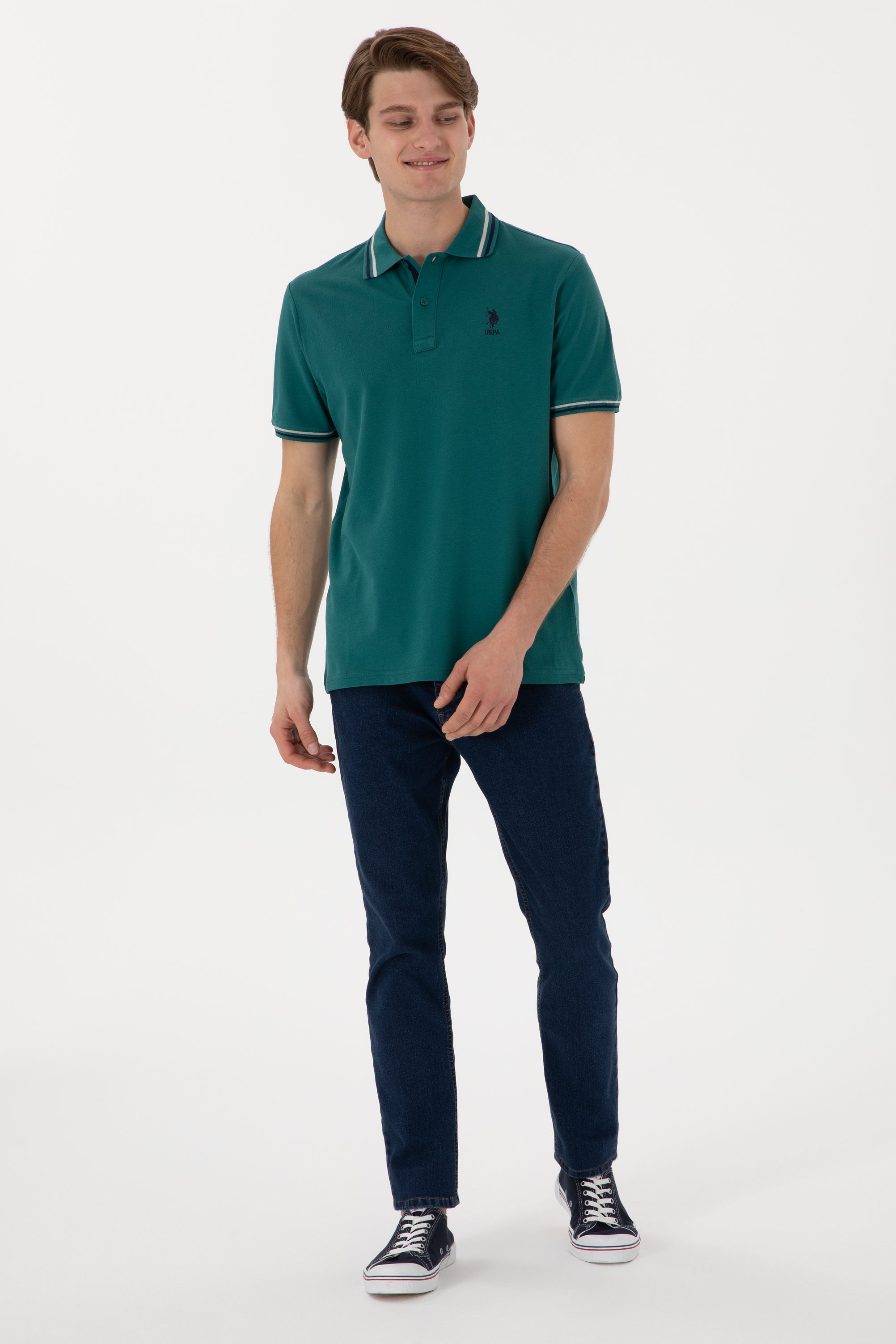 Tricou Polo Bărbați Verde Smarald Cu Detalii Guler Și Logo Brodat