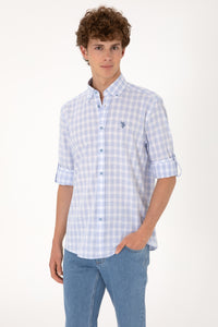 Cămașă Bărbați Albastru Deschis Cu Model În Carouri Și Logo Discret