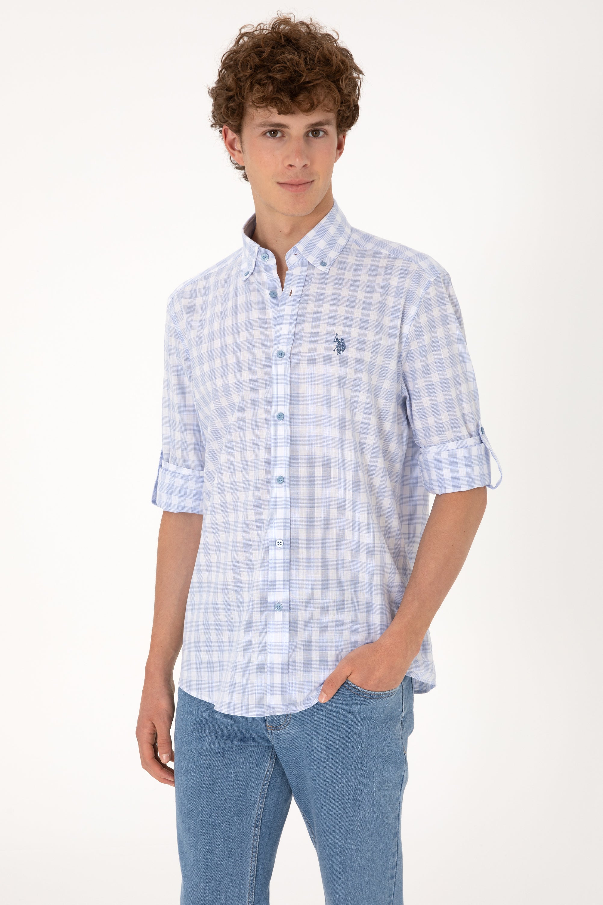 Cămașă Bărbați Albastru Deschis Cu Model În Carouri Și Logo Discret