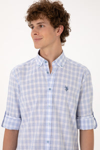 Cămașă Bărbați Albastru Deschis Cu Model În Carouri Și Logo Discret