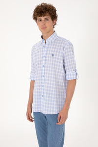 Cămașă Bărbați Albastru Deschis Cu Model În Carouri Și Logo Discret