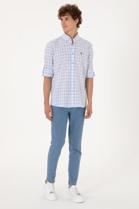 Cămașă Bărbați Albastru Deschis Cu Model În Carouri Și Logo Discret