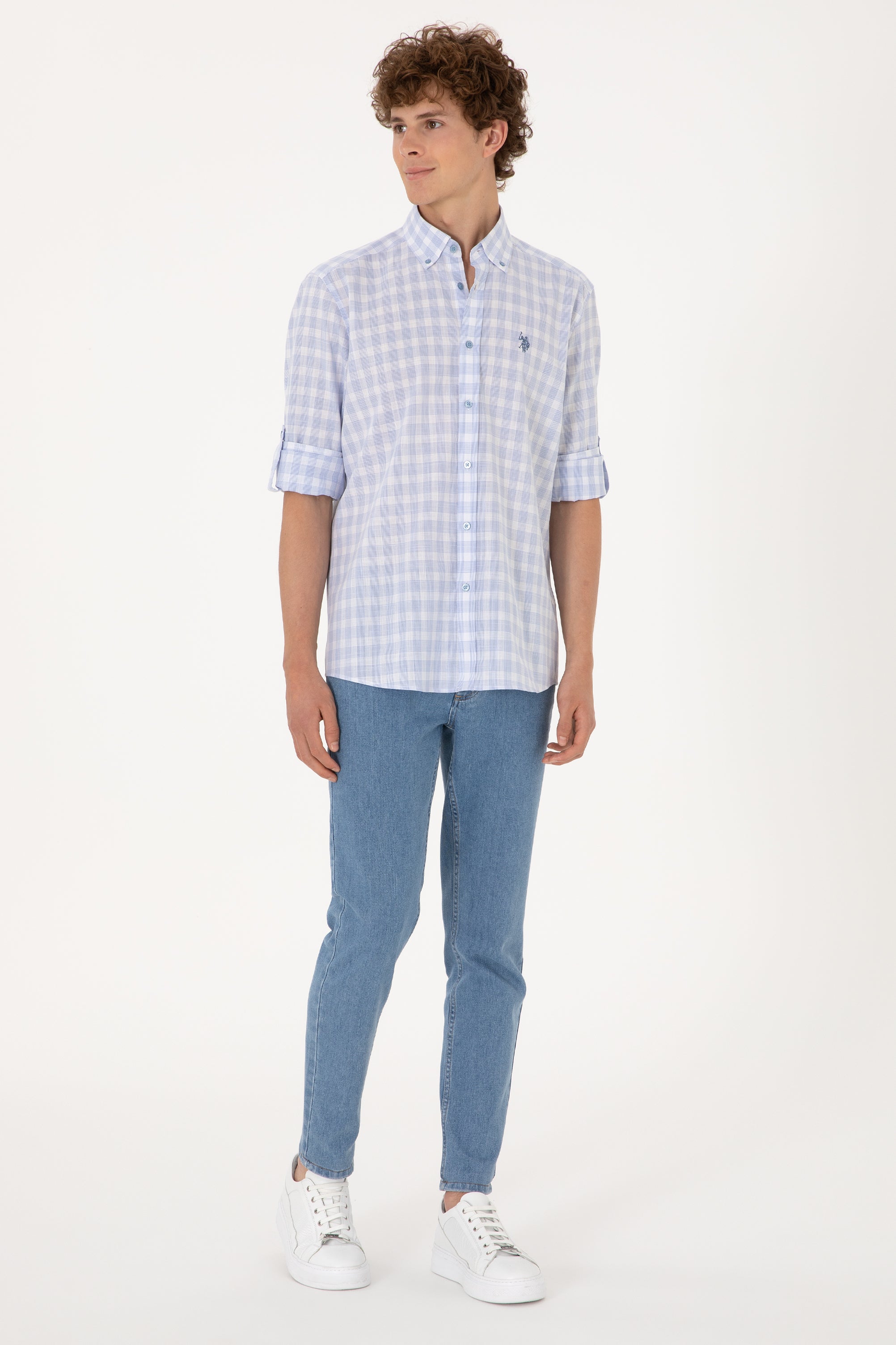 Cămașă Bărbați Albastru Deschis Cu Model În Carouri Și Logo Discret