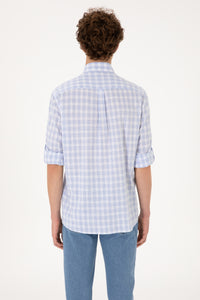 Cămașă Bărbați Albastru Deschis Cu Model În Carouri Și Logo Discret