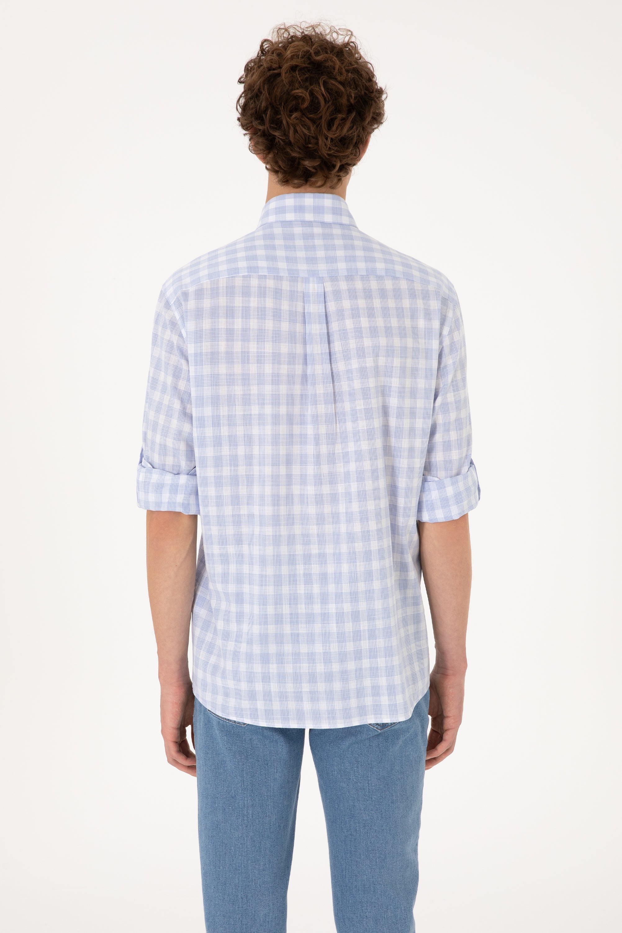 Cămașă Bărbați Albastru Deschis Cu Model În Carouri Și Logo Discret