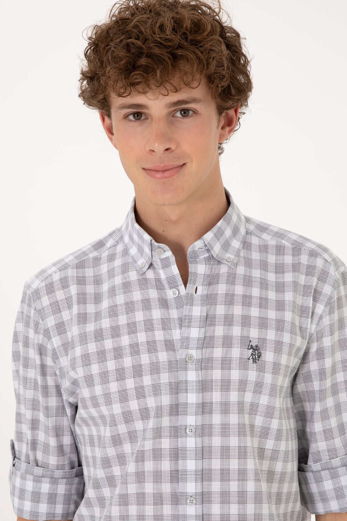 Cămașă Bărbați Gri Cu Model În Carouri Și Logo Discret