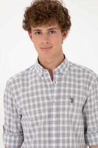 Cămașă Bărbați Gri Cu Model În Carouri Și Logo Discret