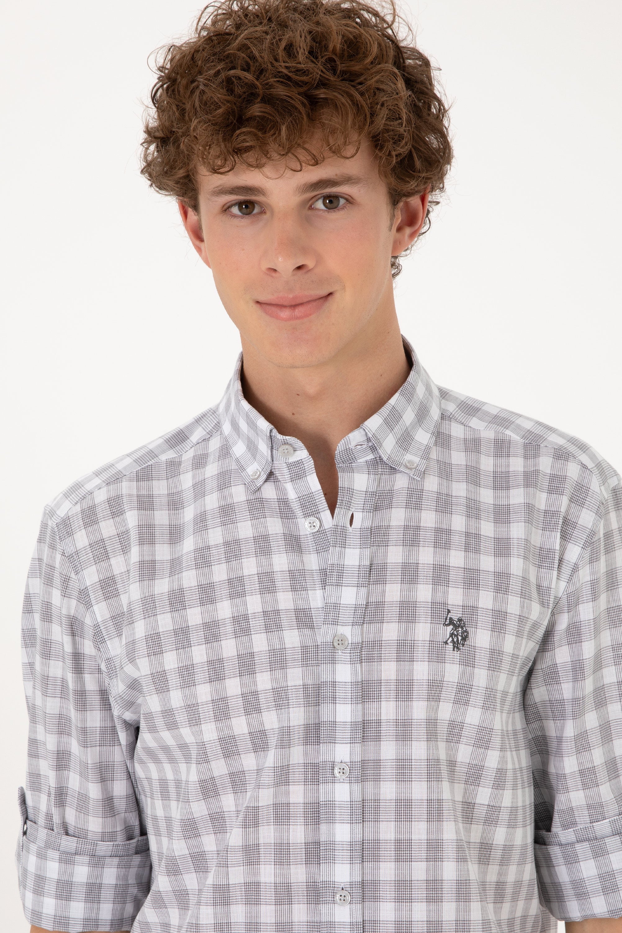 Cămașă Bărbați Gri Cu Model În Carouri Și Logo Discret