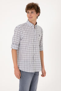 Cămașă Bărbați Gri Cu Model În Carouri Și Logo Discret