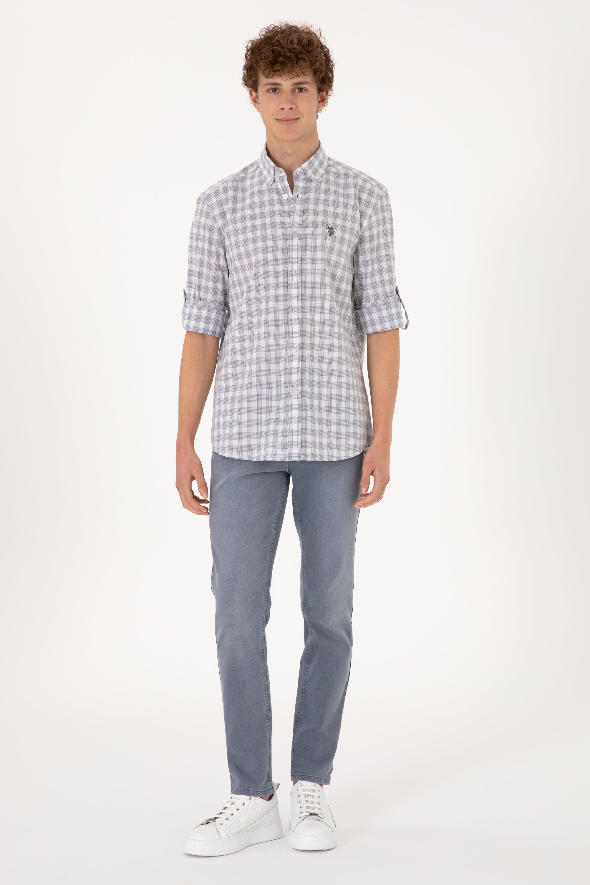 Cămașă Bărbați Gri Cu Model În Carouri Și Logo Discret