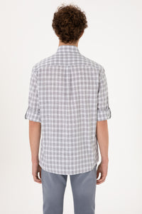 Cămașă Bărbați Gri Cu Model În Carouri Și Logo Discret