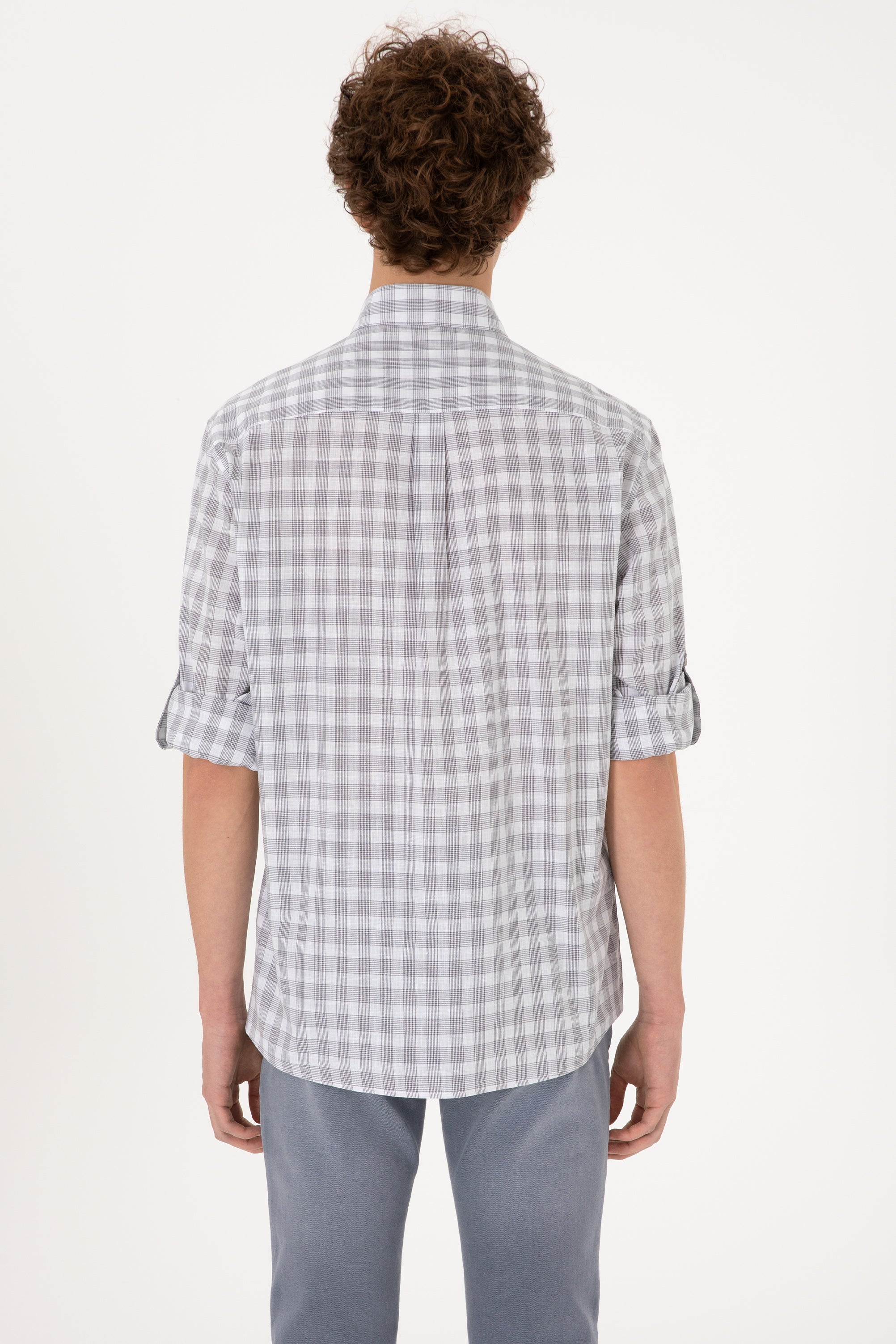 Cămașă Bărbați Gri Cu Model În Carouri Și Logo Discret