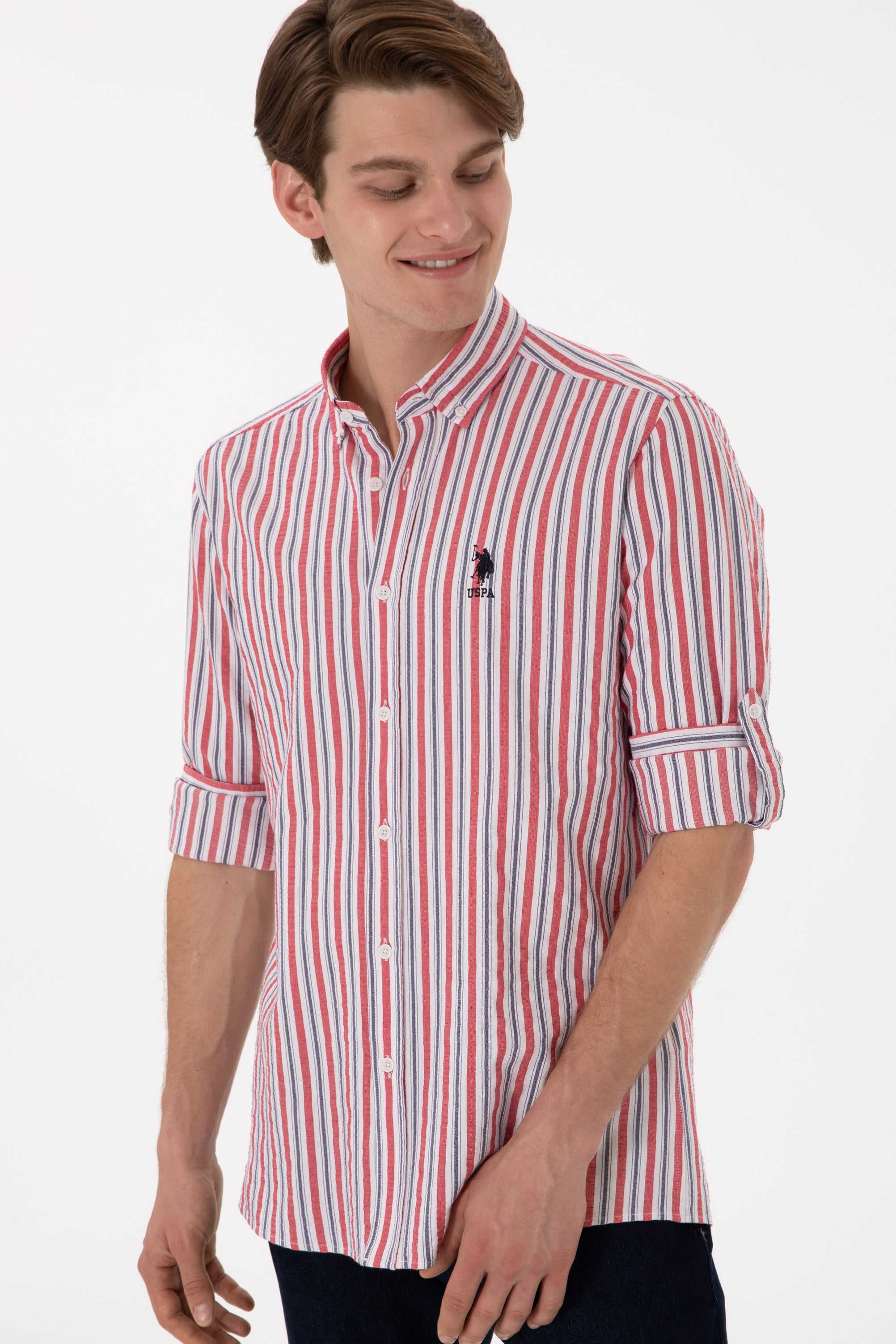 Cămașă Bărbați Cu Model În Dungi Multicolore Și Logo Brodat