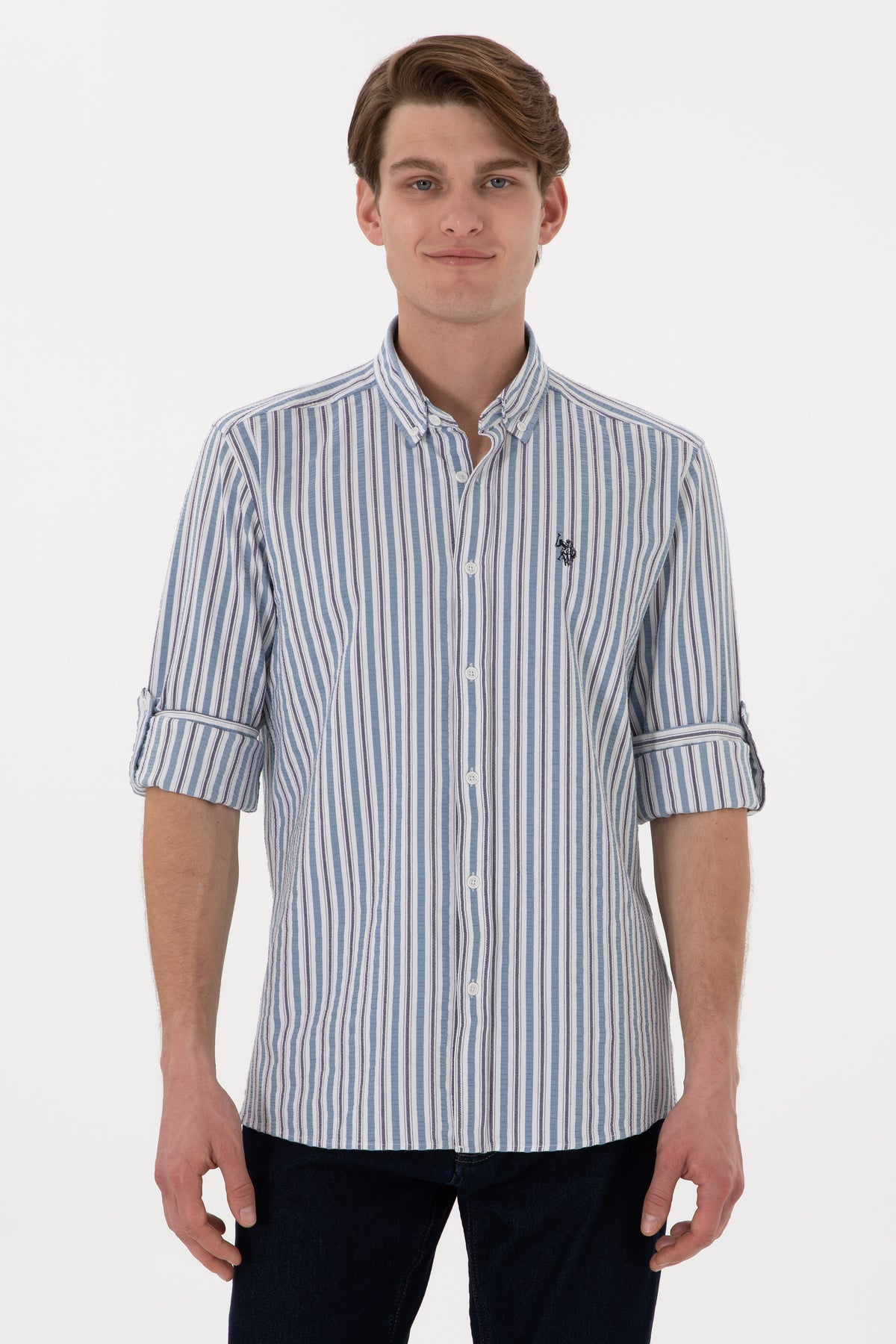 Cămașă Bărbați Cu Model În Dungi Multicolore Și Logo Brodat