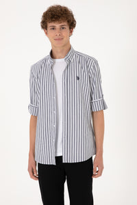 Cămașă Bărbați Pe Alb Cu Dungi Bleumarin Și Logo Discret