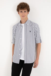 Cămașă Bărbați Pe Alb Cu Dungi Bleumarin Și Logo Discret