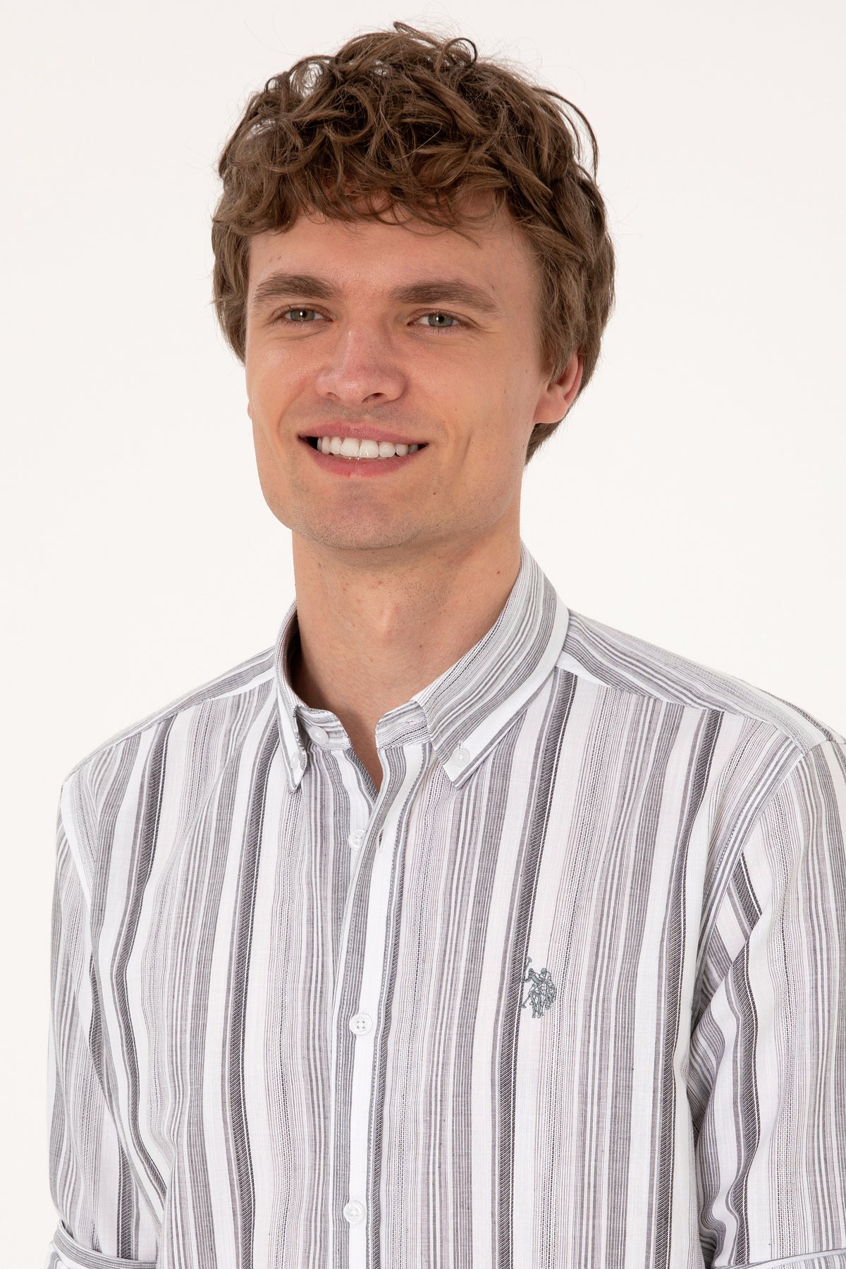 Cămașă Bărbați Pe Alb Cu Dungi Gri Și Logo Discret