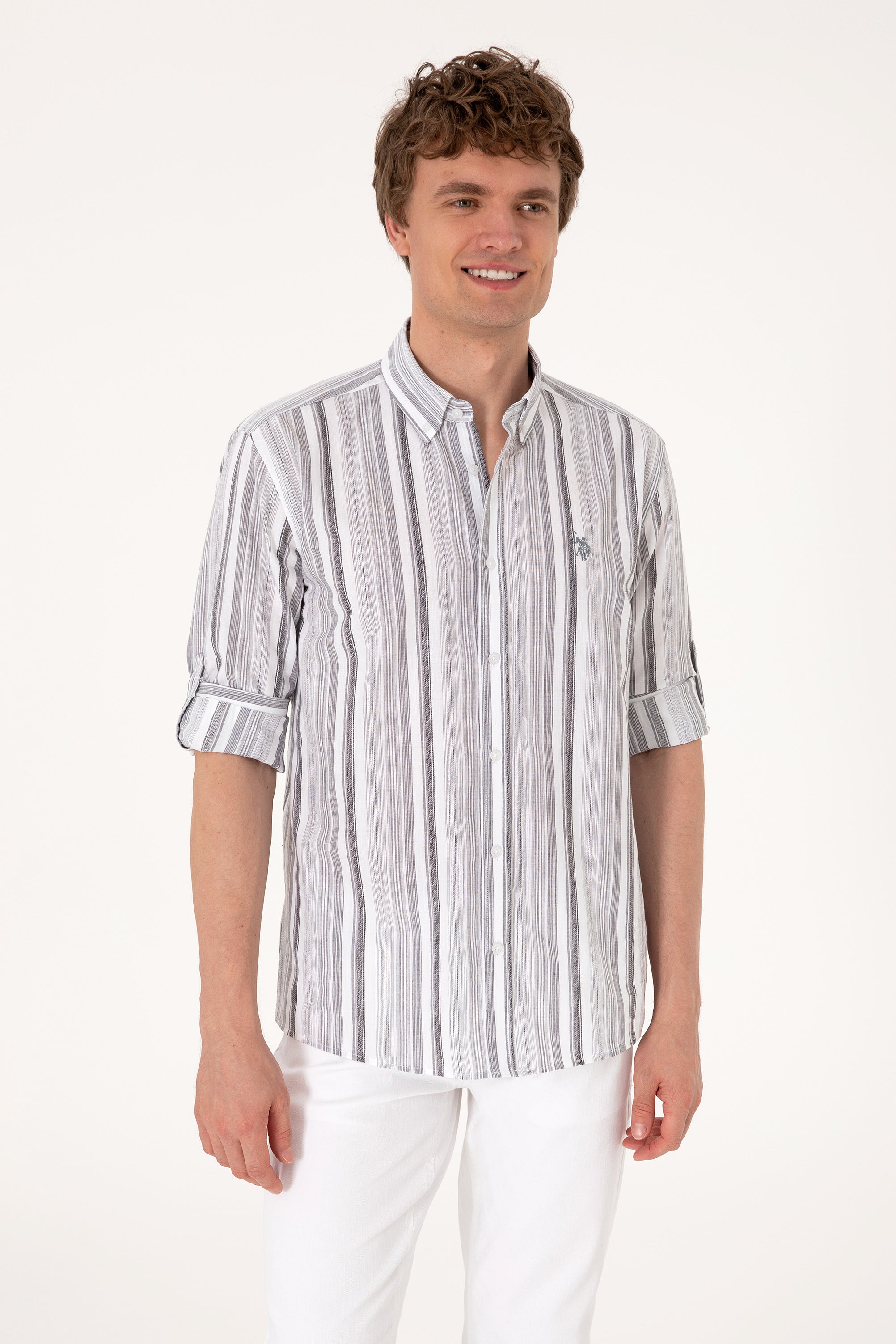 Cămașă Bărbați Pe Alb Cu Dungi Gri Și Logo Discret