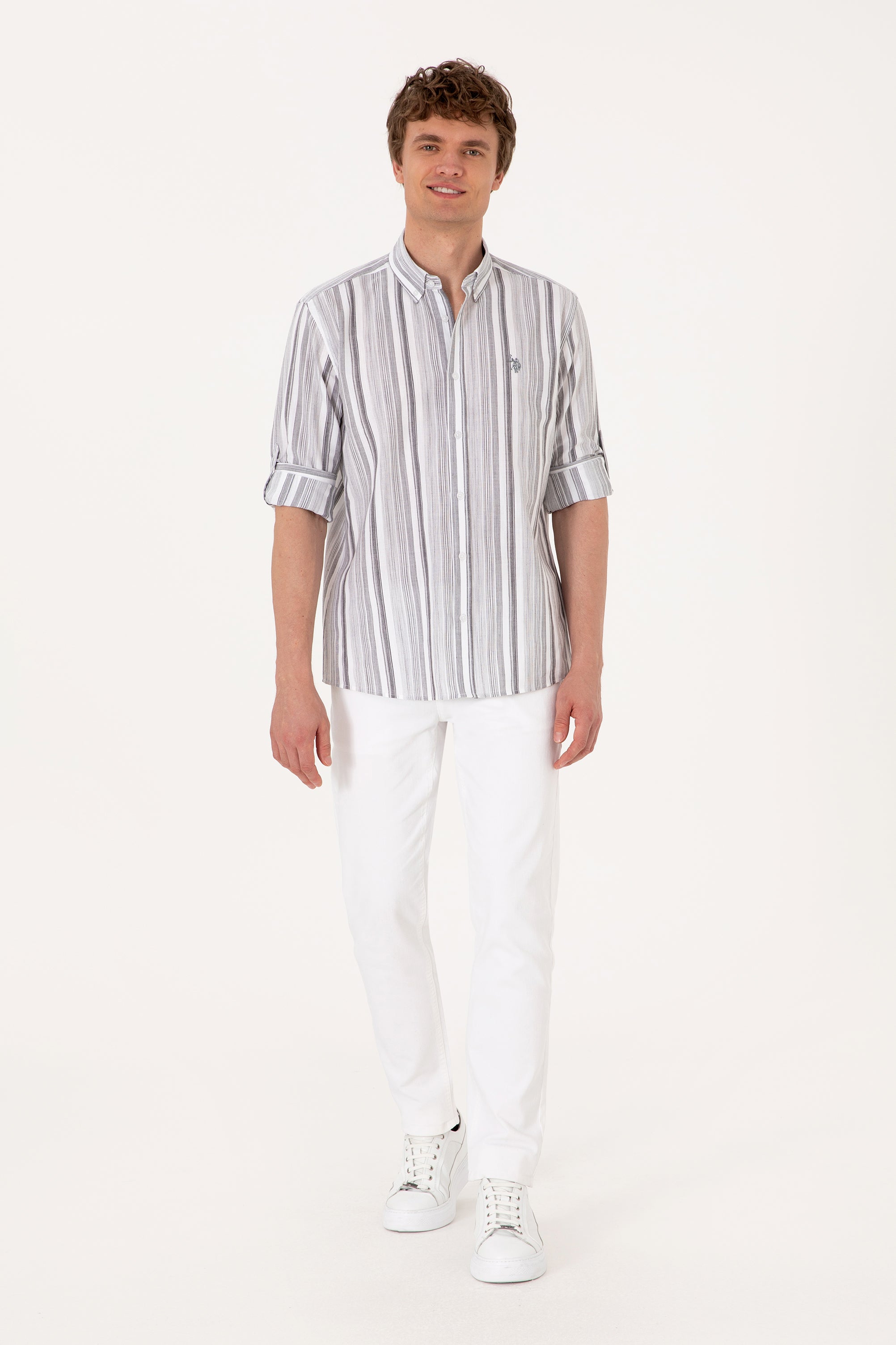 Cămașă Bărbați Pe Alb Cu Dungi Gri Și Logo Discret