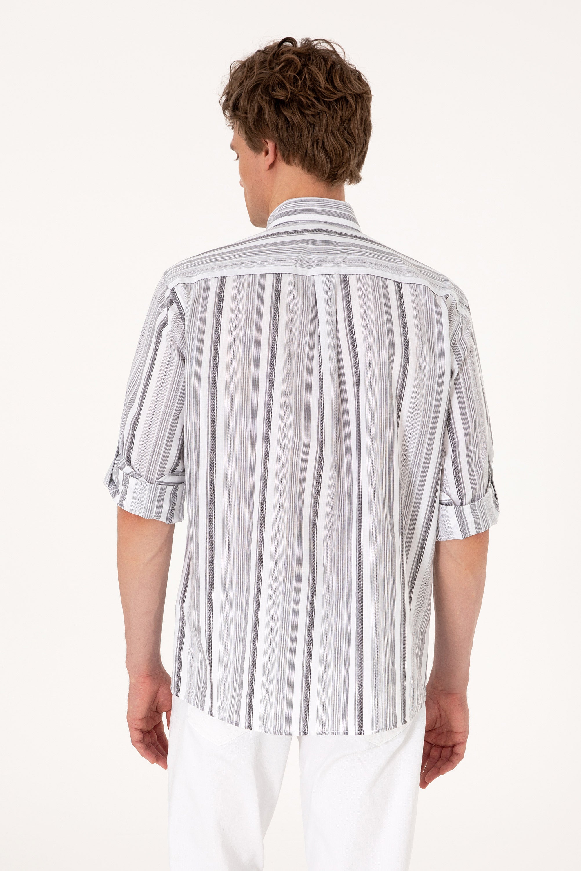 Cămașă Bărbați Pe Alb Cu Dungi Gri Și Logo Discret