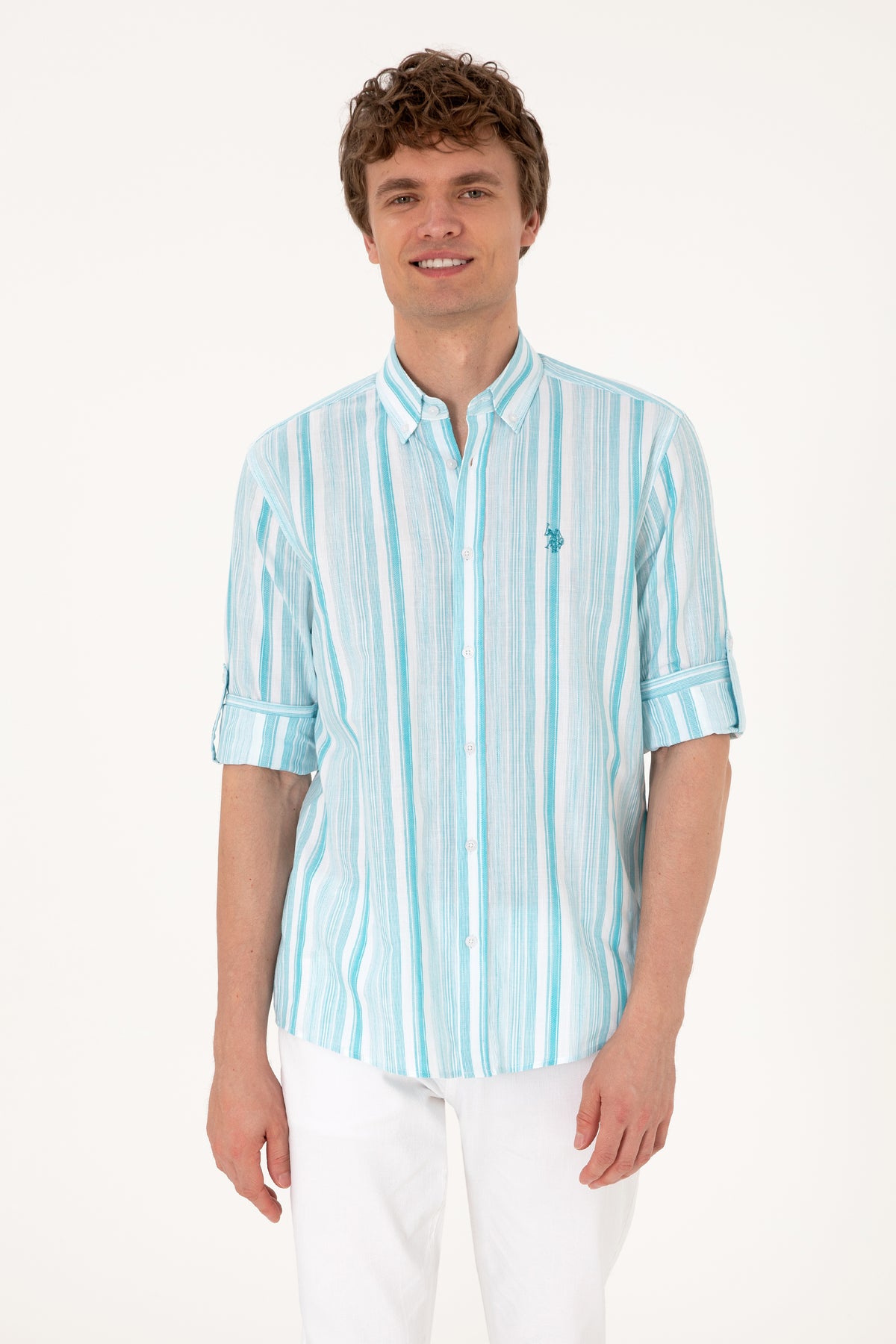 Cămașă Bărbați Pe Alb Cu Dungi Verde Aqua Și Logo Discret