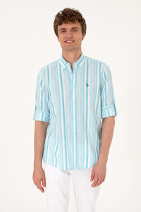 Cămașă Bărbați Pe Alb Cu Dungi Verde Aqua Și Logo Discret