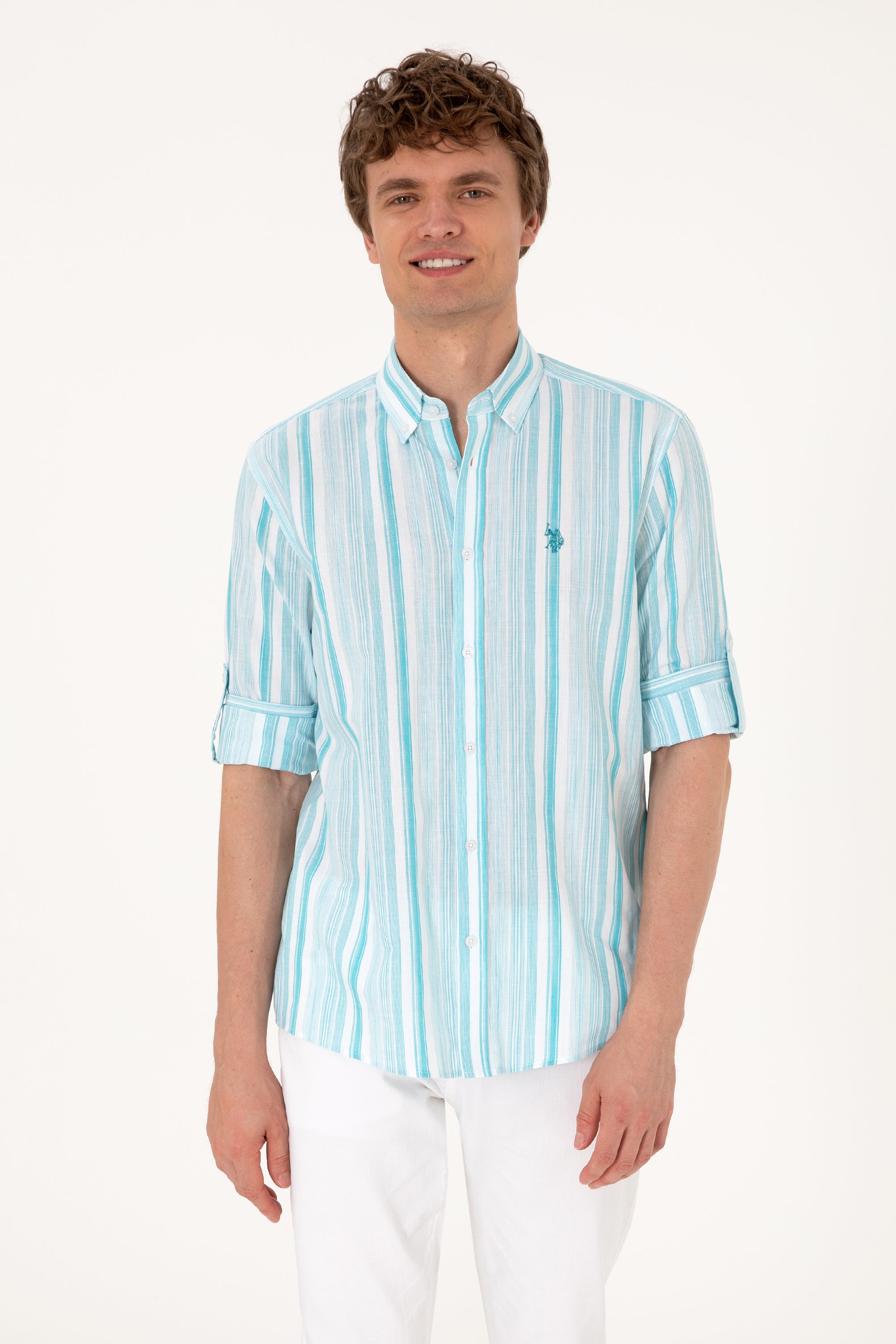 Cămașă Bărbați Pe Alb Cu Dungi Verde Aqua Și Logo Discret