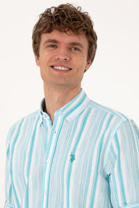 Cămașă Bărbați Pe Alb Cu Dungi Verde Aqua Și Logo Discret