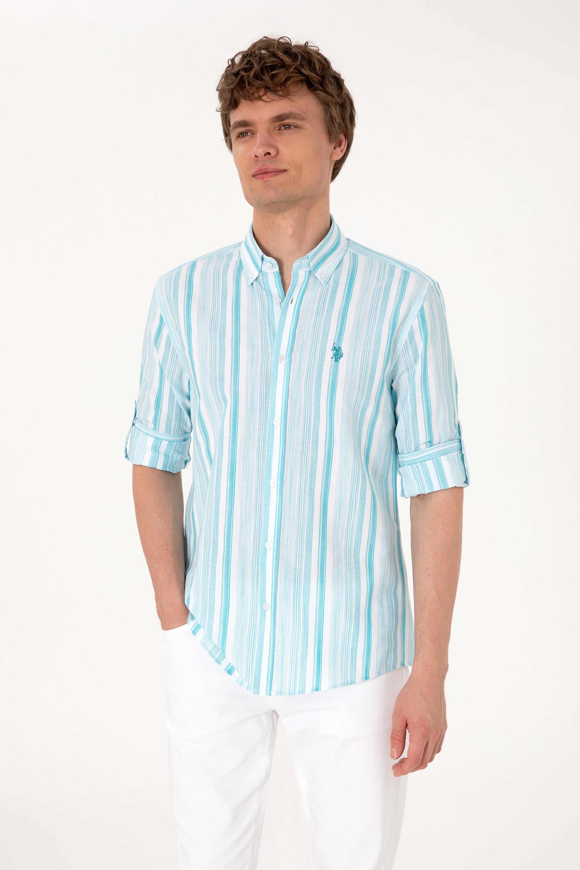 Cămașă Bărbați Pe Alb Cu Dungi Verde Aqua Și Logo Discret