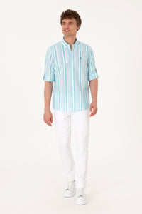 Cămașă Bărbați Pe Alb Cu Dungi Verde Aqua Și Logo Discret