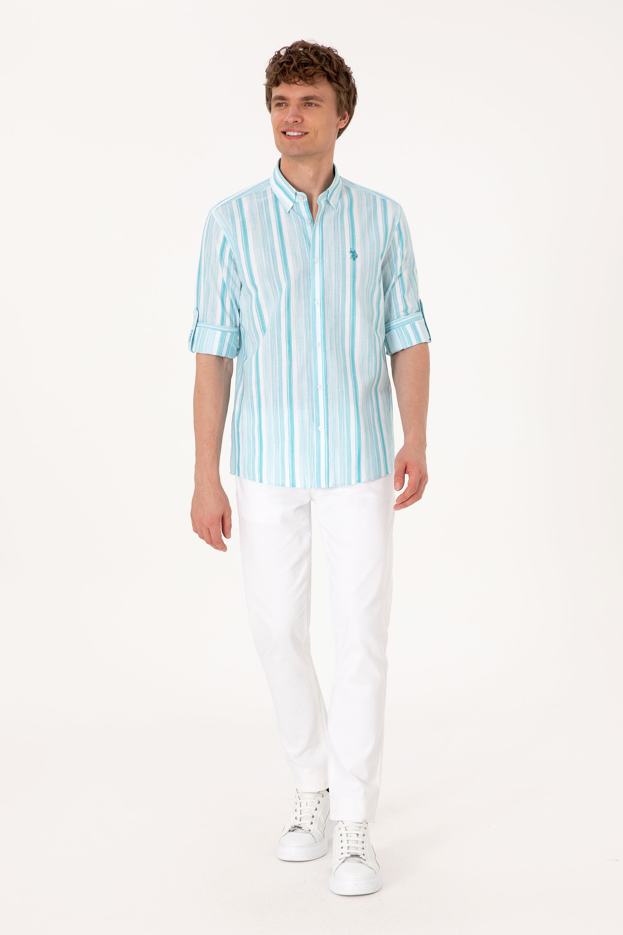 Cămașă Bărbați Pe Alb Cu Dungi Verde Aqua Și Logo Discret