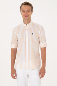 Cămașă Bărbați Pe Alb Cu Dungi Verticale Portocalii Și Logo Discret