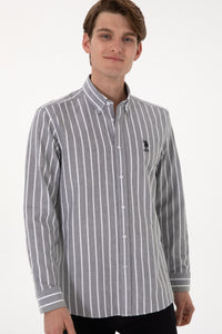 Cămașă Bărbați Pe Gri Cu Dungi Verticale Albe Și Logo Brodat