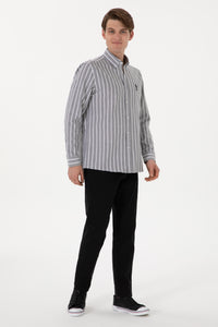 Cămașă Bărbați Pe Gri Cu Dungi Verticale Albe Și Logo Brodat