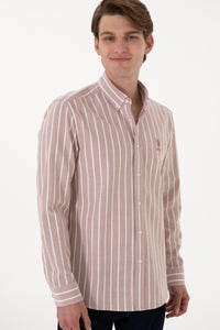 Cămașă Bărbați Pe Bej Nisipiu Cu Dungi Verticale Albe Și Logo Brodat