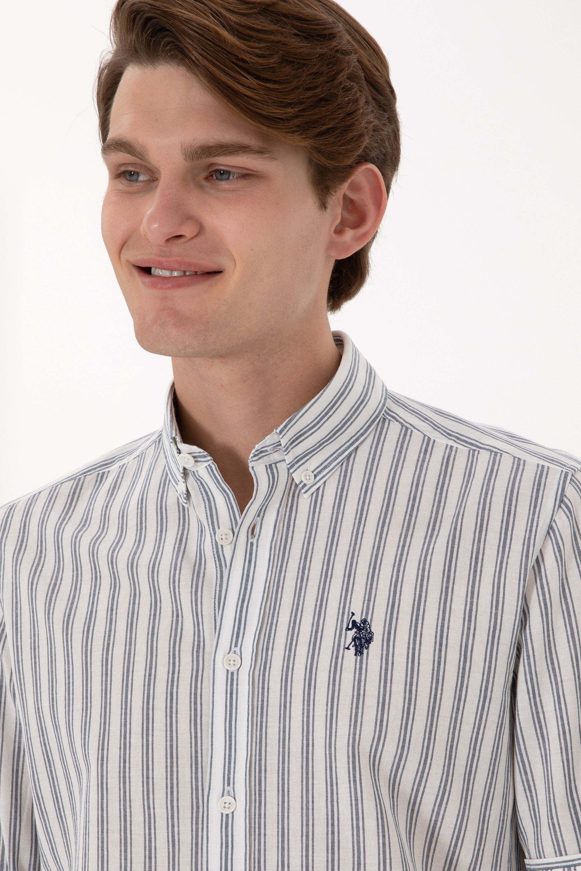 Cămașă Bărbați Cu Dungi Verticale Și Logo Discret