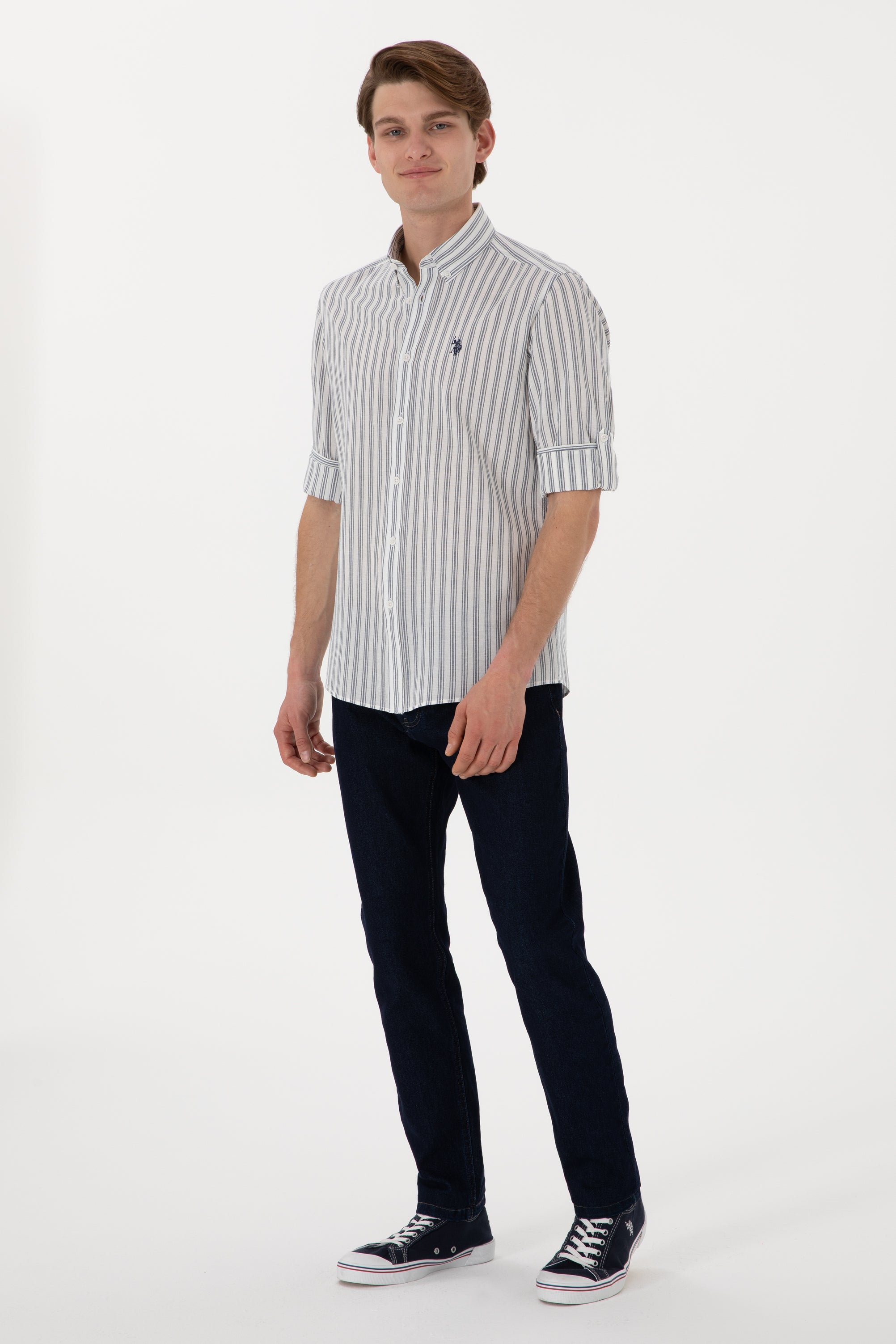 Cămașă Bărbați Cu Dungi Verticale Și Logo Discret