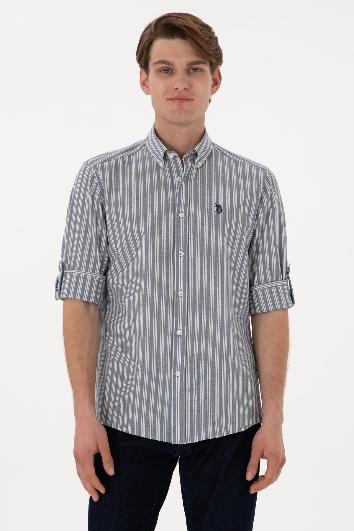 Cămașă Bărbați Albastru Prăfuit Cu Dungi Verticale Și Logo Discret