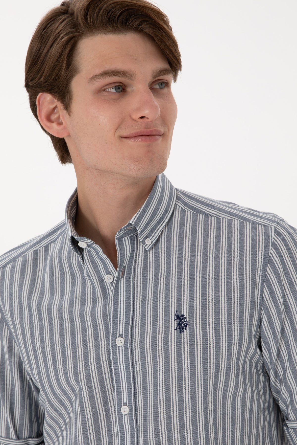 Cămașă Bărbați Albastru Prăfuit Cu Dungi Verticale Și Logo Discret
