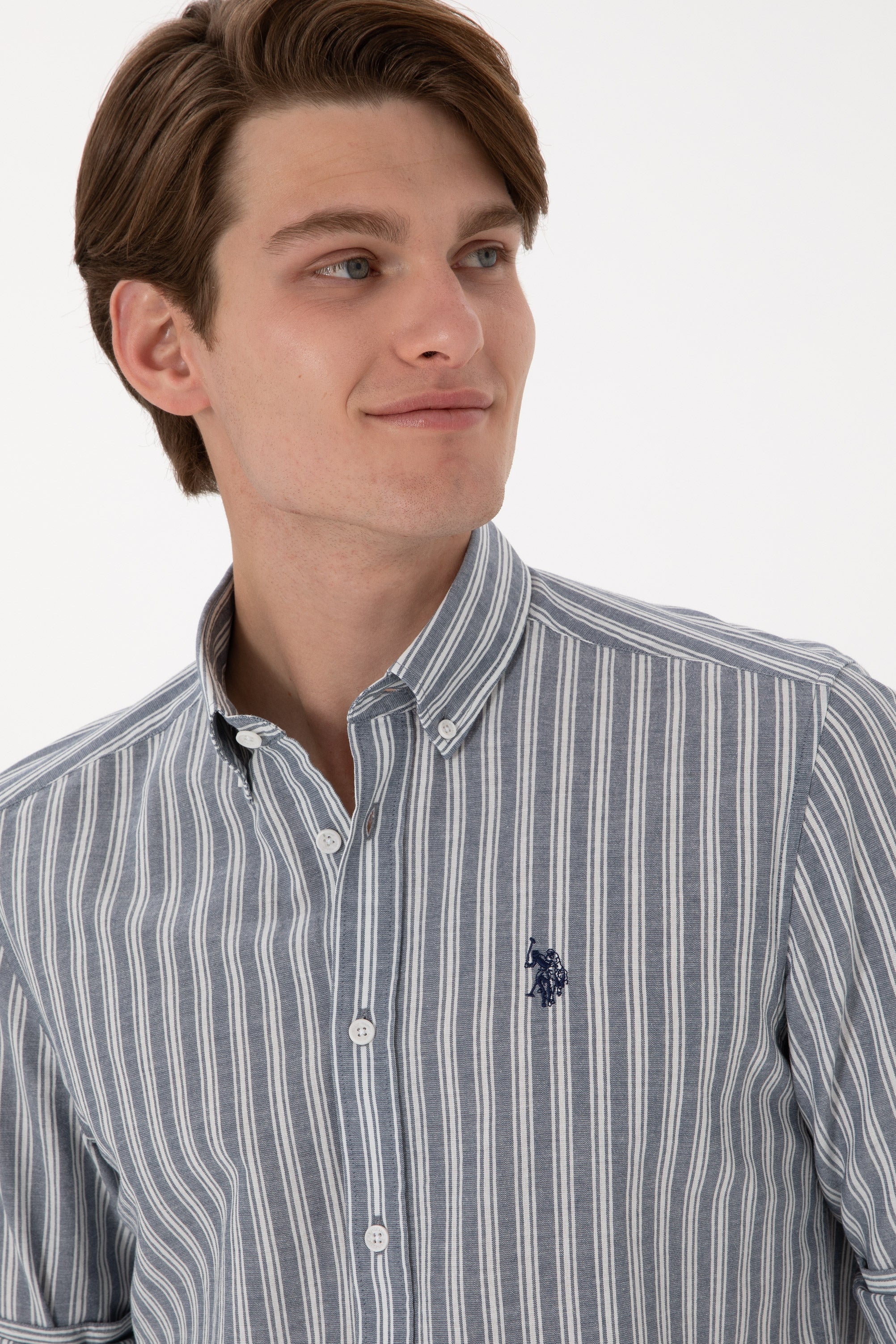 Cămașă Bărbați Albastru Prăfuit Cu Dungi Verticale Și Logo Discret